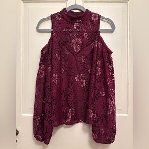 NWOT Wayf Burgundy Lace Cold Shoulder Long Sleeve Top, size XS